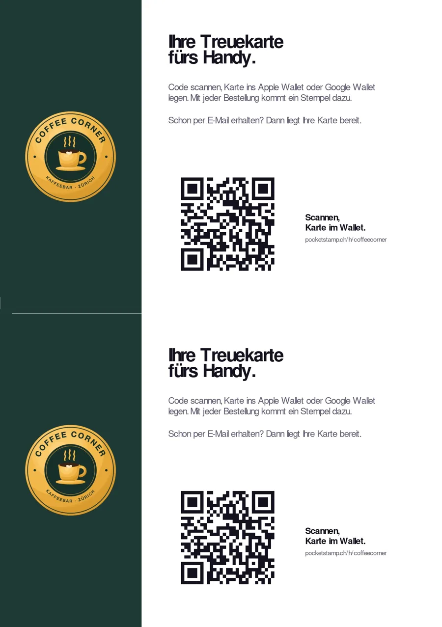 The parcel insert: two A6 cards with logo, colours and QR code