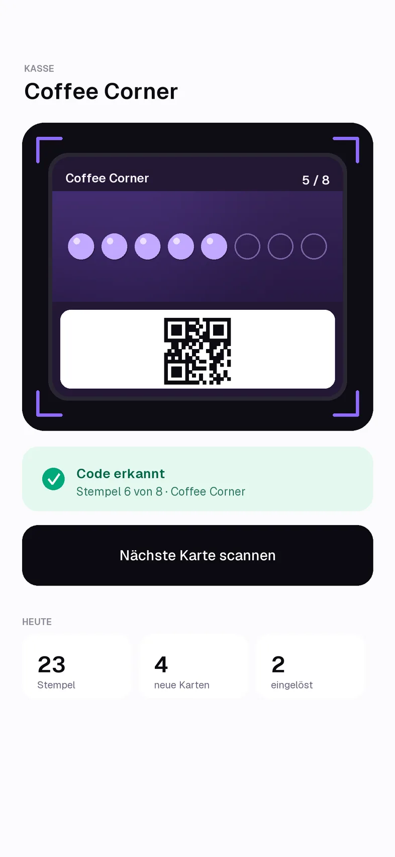 Die Kasse scannt den Code des Gasts und vergibt den Stempel